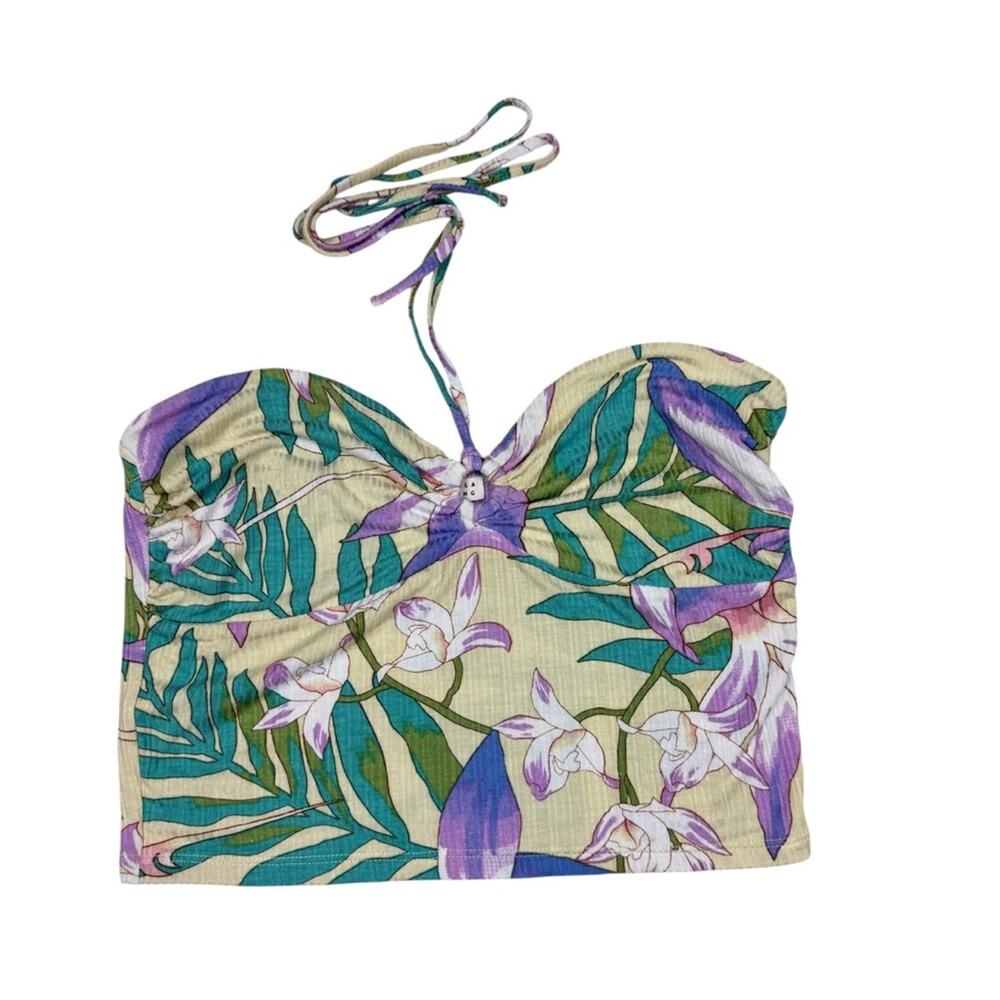 Billabong Strapless Crop Top with Cream and Purple Floral Design